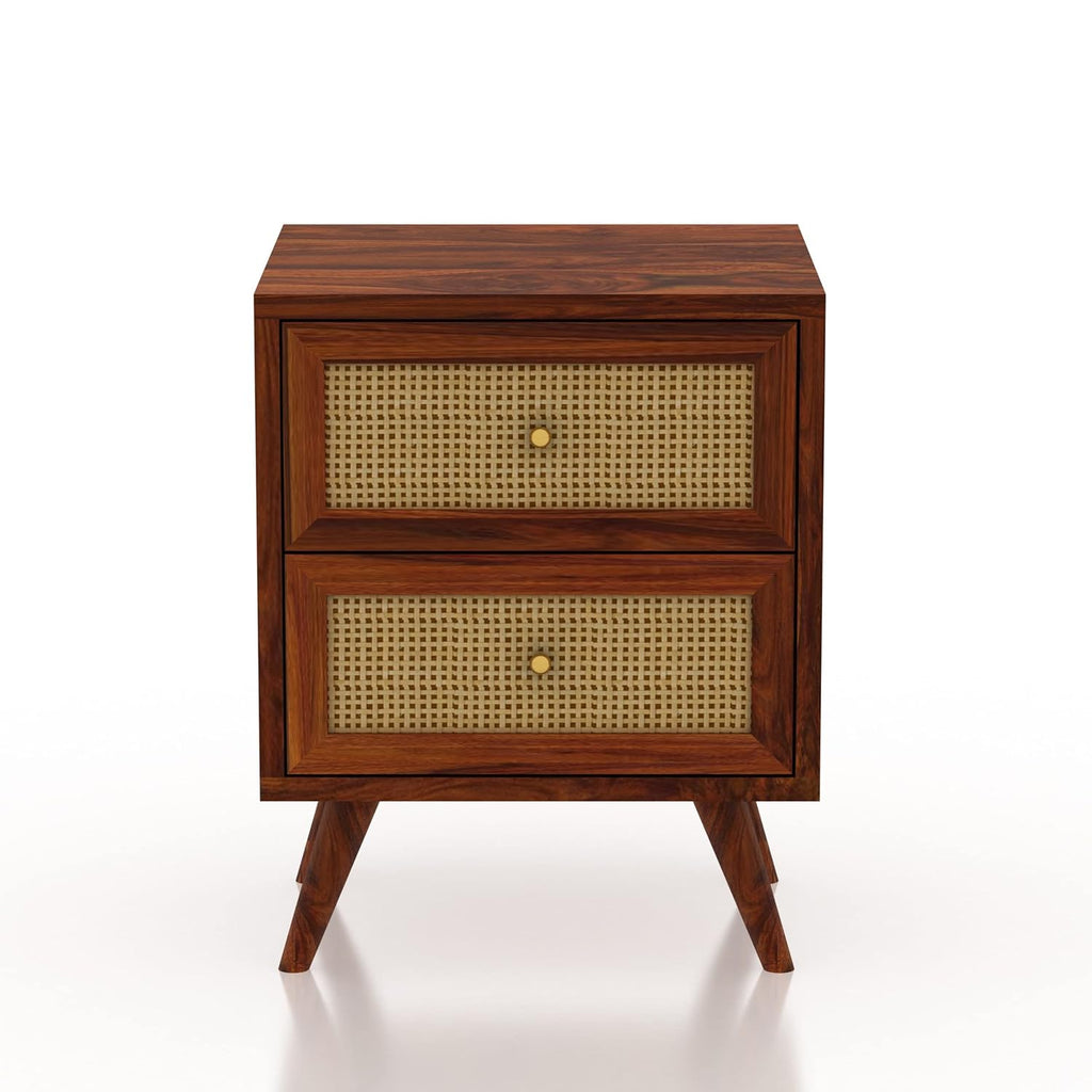 Solid Sheesham Wood Bedside Table with 2 Drawers | Cane Design