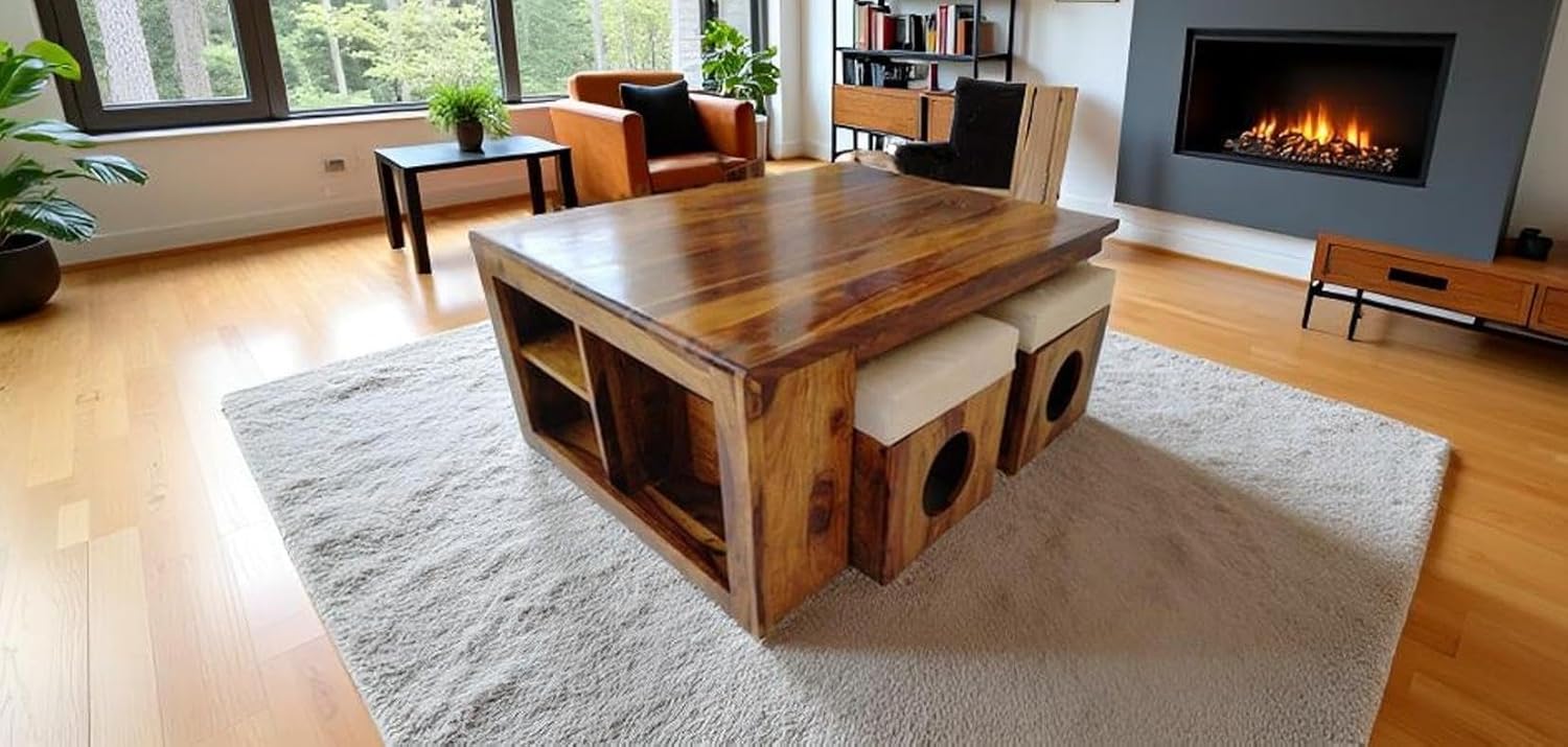 Sheesham Wood Coffee Table with Nesting Stools