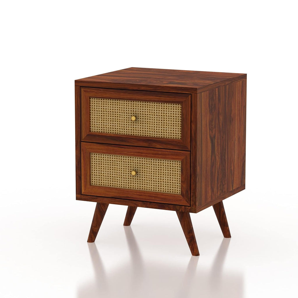 Solid Sheesham Wood Bedside Table with 2 Drawers | Cane Design