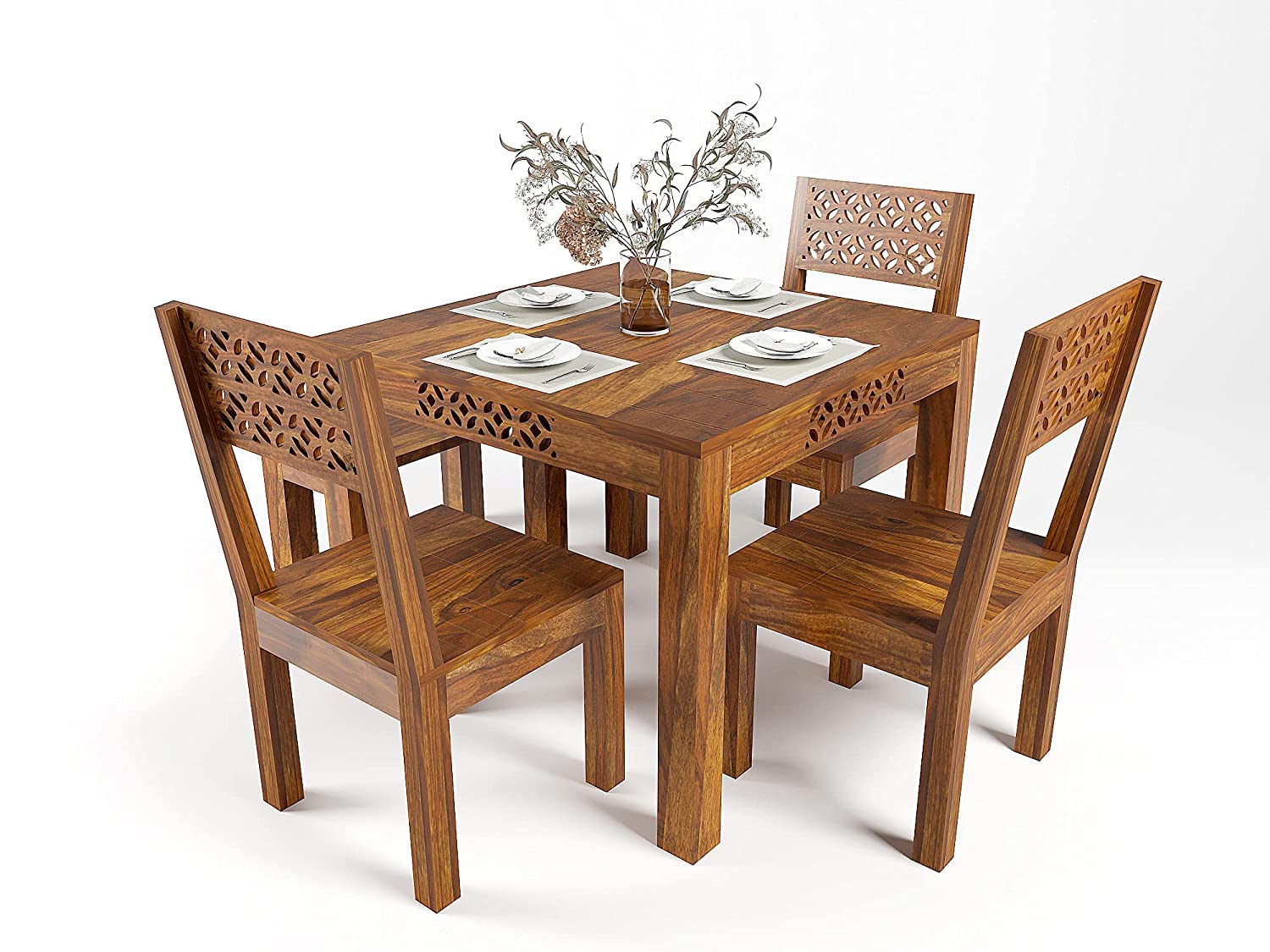 Sheesham Wood 4 Seater Dining Table Set | Carved Panel Design