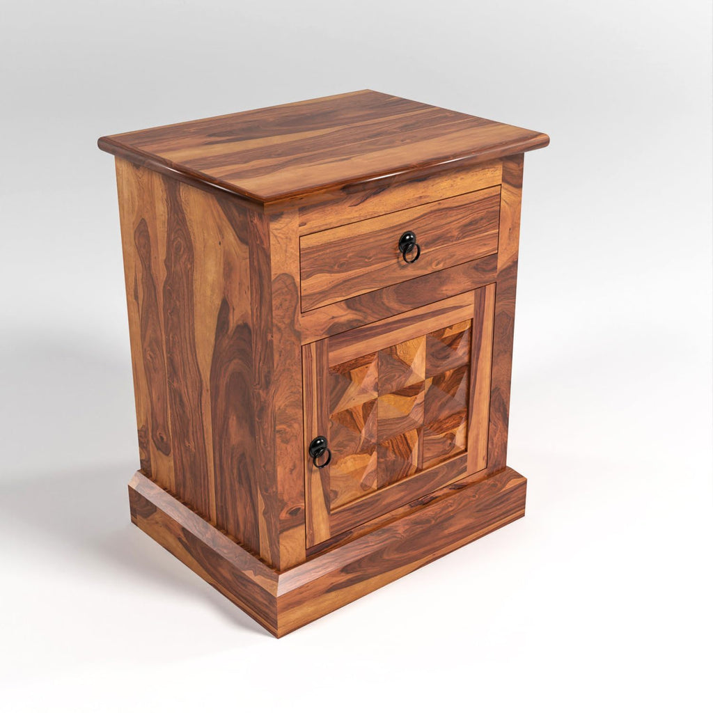 Solid Sheesham Wood Bedside Table with Drawer & Cabinet