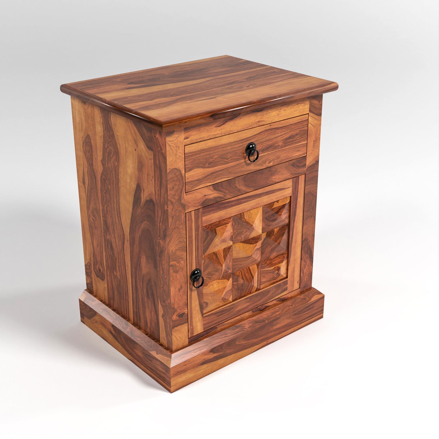 Solid Sheesham Wood Bedside Table with Drawer & Cabinet