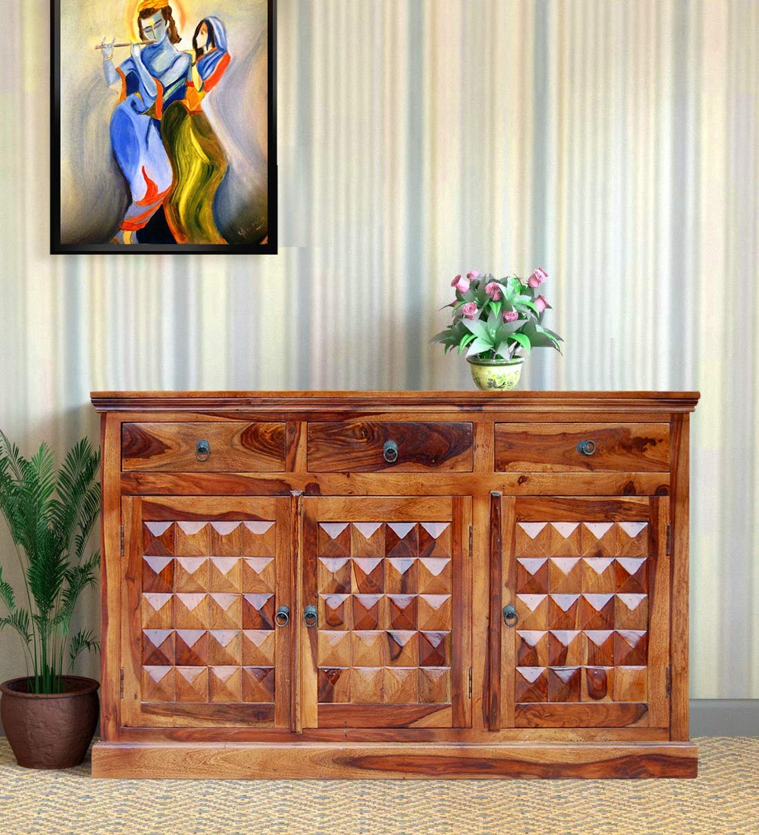 Solid Sheesham Wood Sideboard Cabinet with 3 Drawers & 3 Door Storage