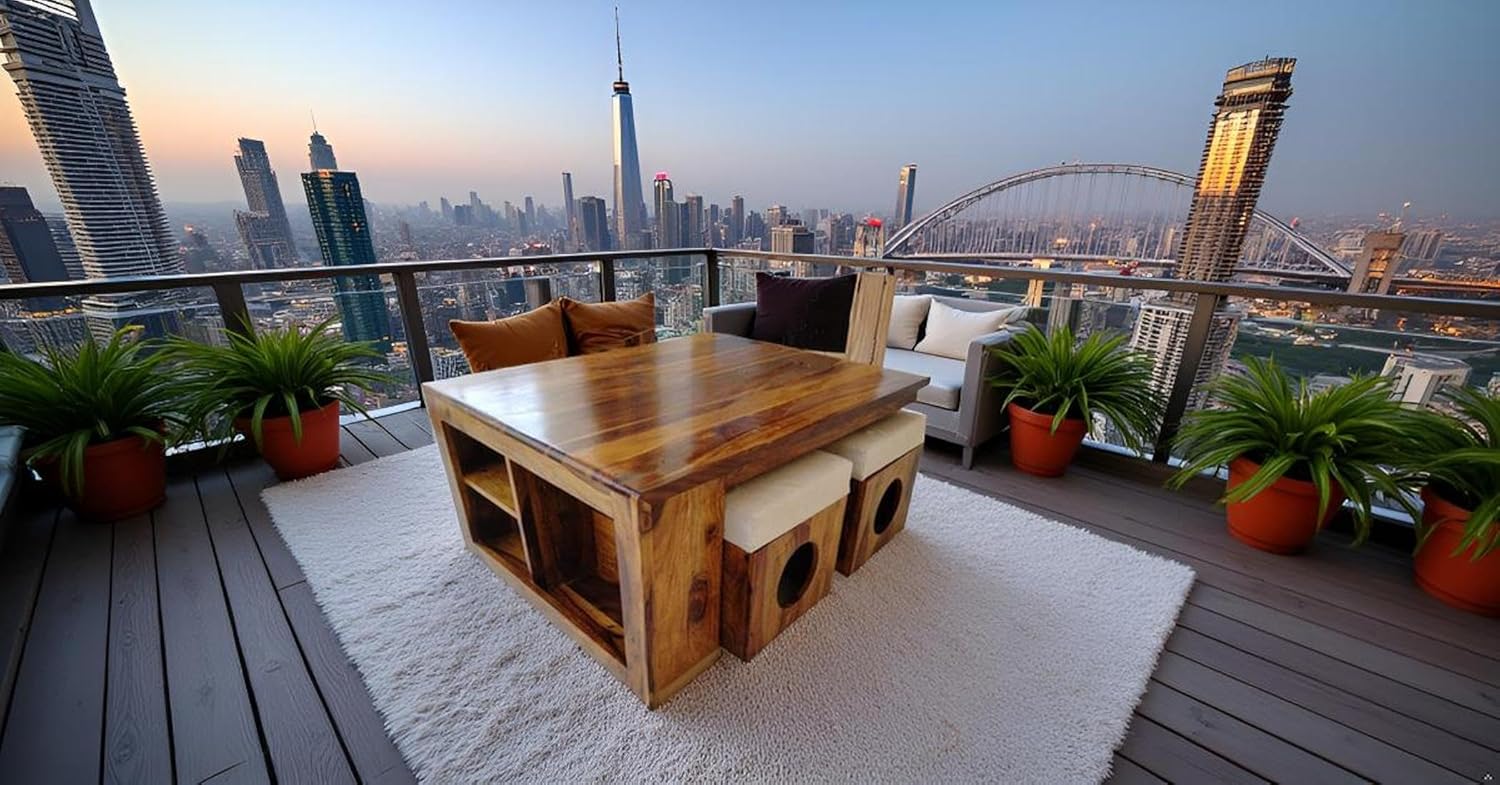 Sheesham Wood Coffee Table with Nesting Stools