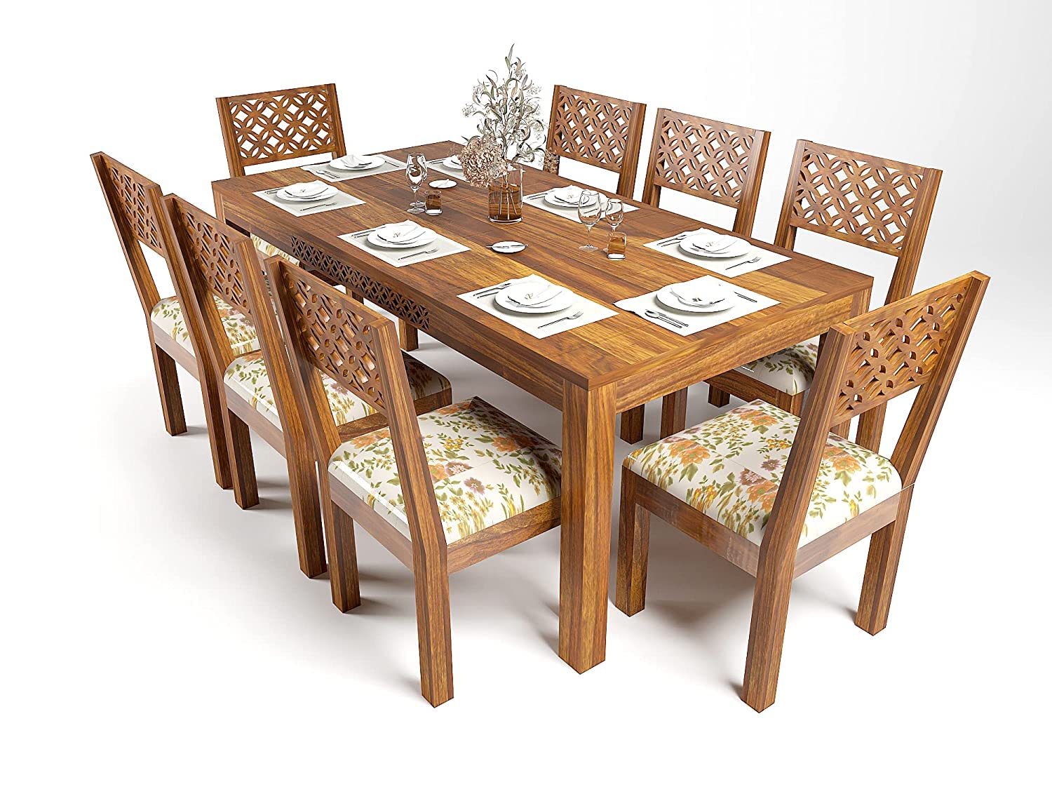 Premium Sheesham Wood 8 Seater Dining Table Set with CNC Carved Chairs | Cushioned Seating