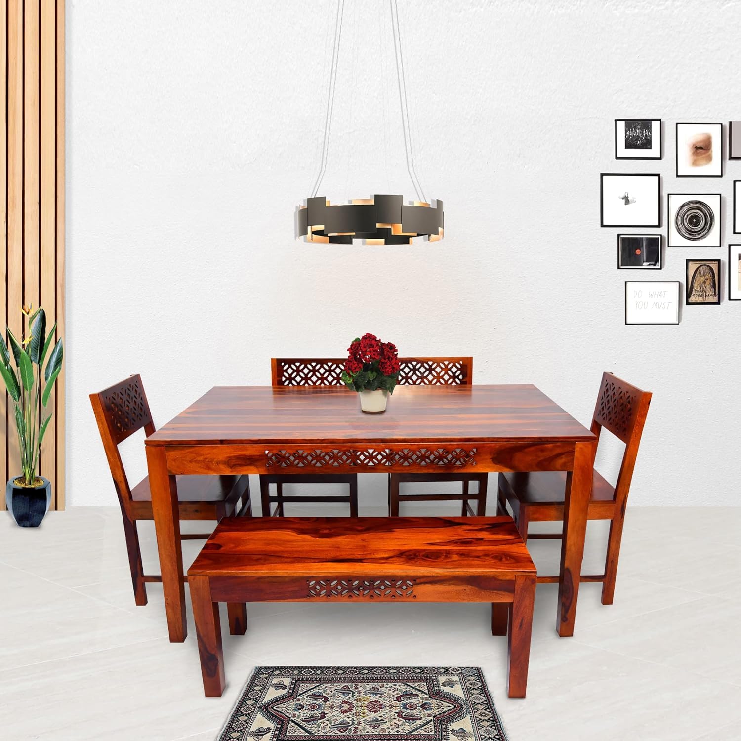 Solid Wood CNC Design 6 Seater Dining Table Set with Bench & Chairs – Honey Finish