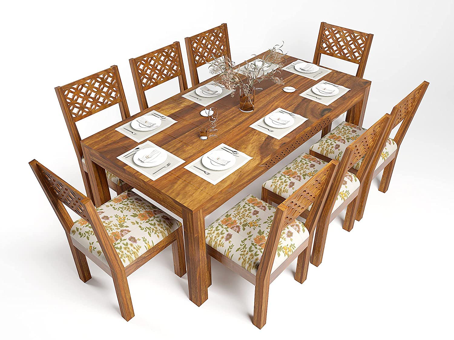 Premium Sheesham Wood 8 Seater Dining Table Set with CNC Carved Chairs | Cushioned Seating