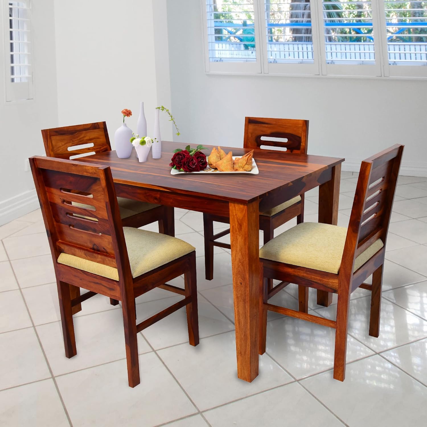 Sheesham Wood 4 Seater Dining Table Set | Modern Slat Back Chairs |