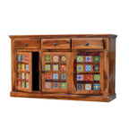 Solid Sheesham Wood Sideboard Cabinet with Handcrafted Tile Design
