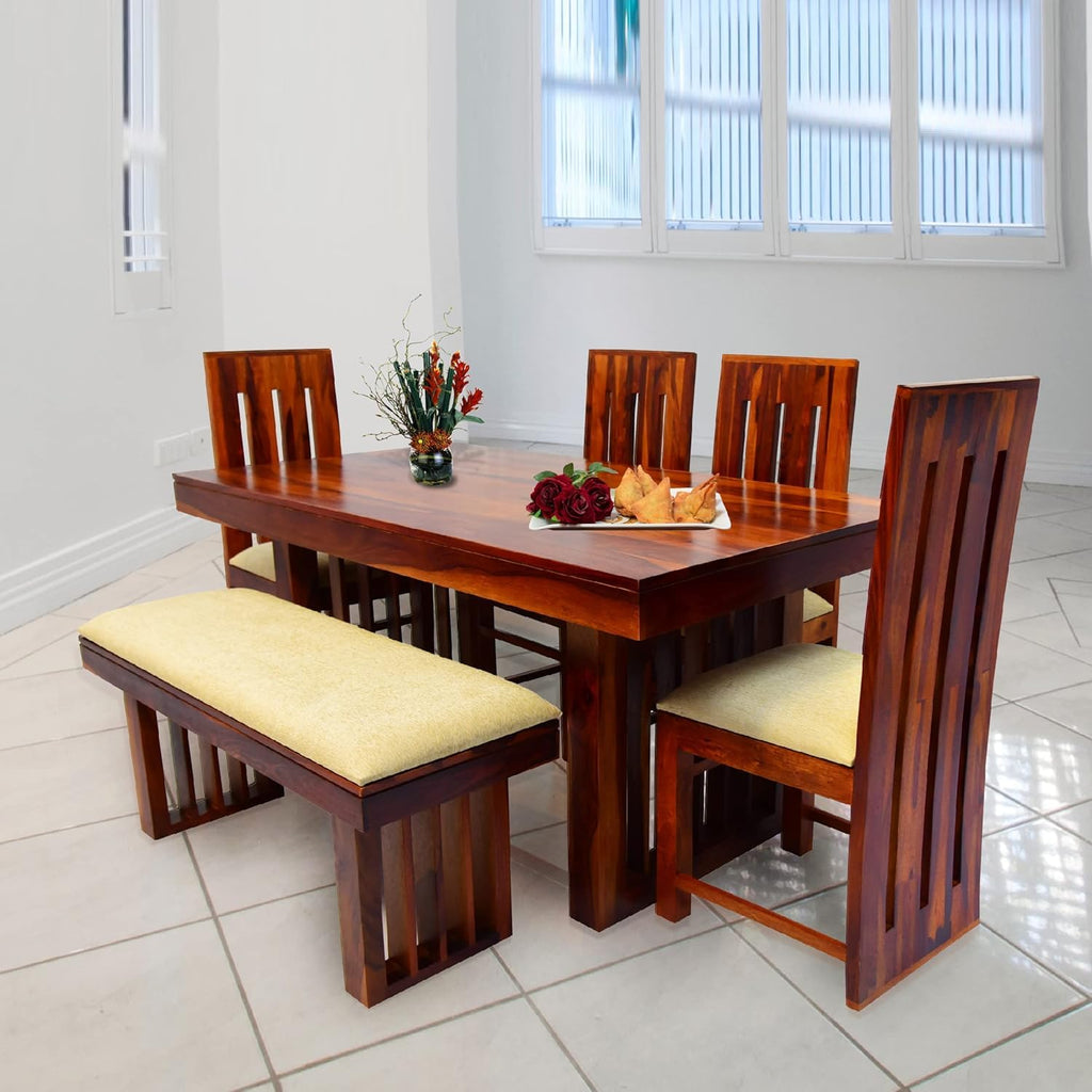 Premium Solid Wood 6 Seater Dining Table Set with Bench & Chairs – Modern Slatted Design