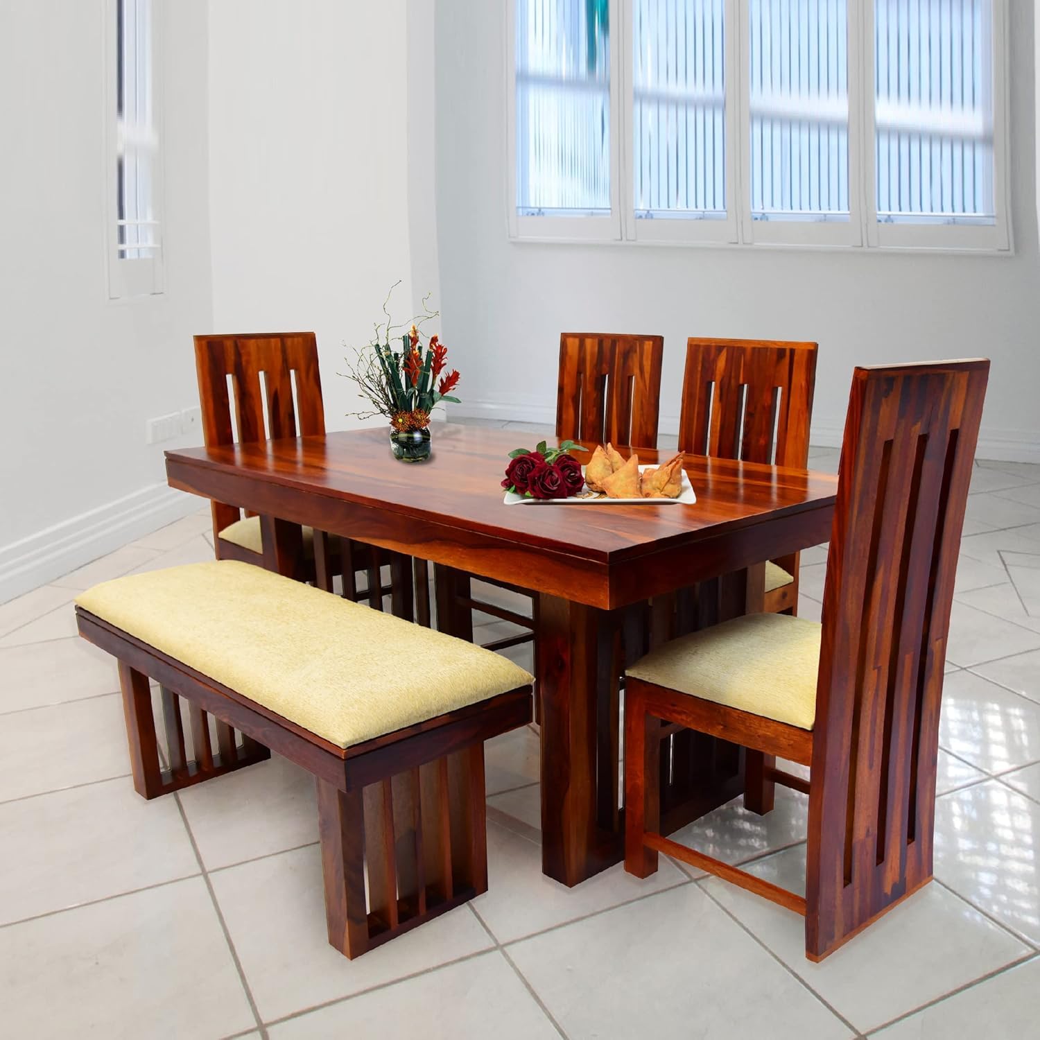Premium Solid Wood 6 Seater Dining Table Set with Bench & Chairs – Modern Slatted Design