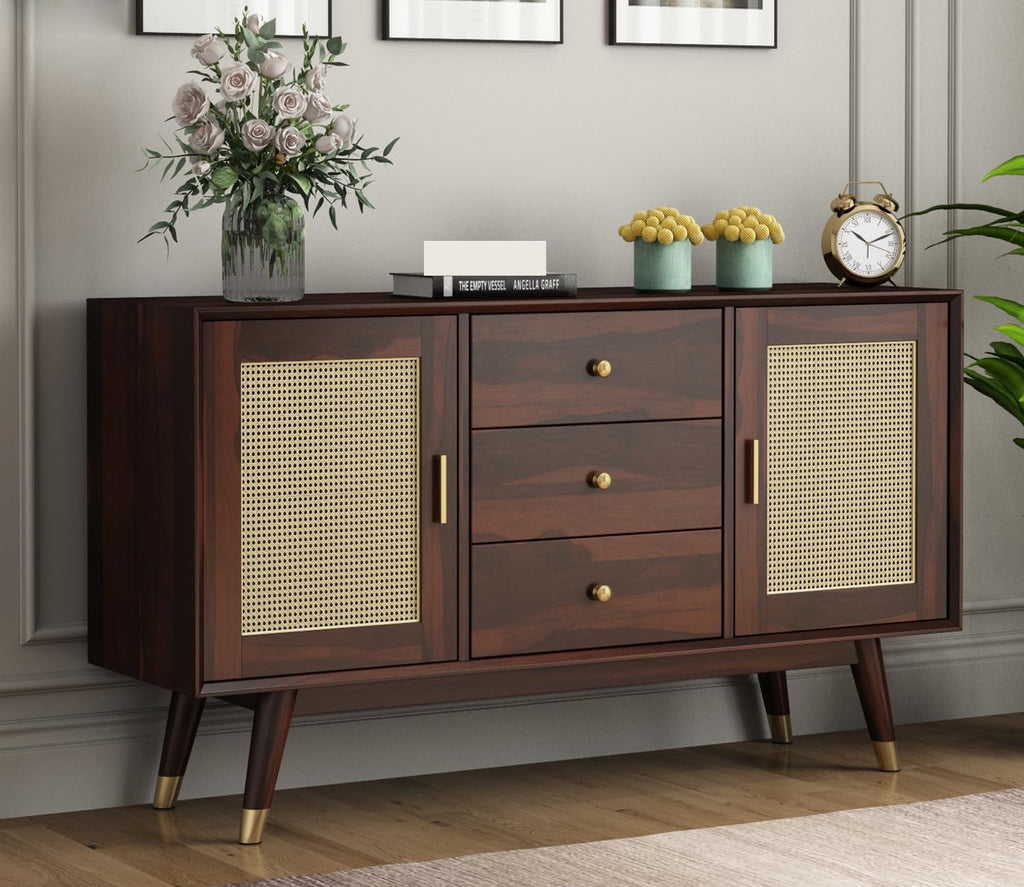 Solid Sheesham Wood Sideboard Cabinet with 3 Drawers & 2 Door Storage
