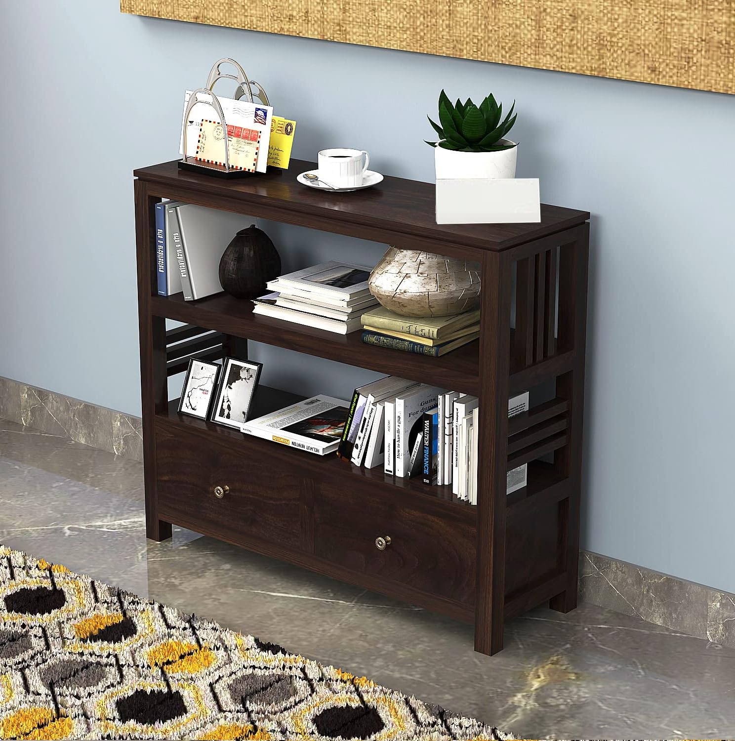 Solid Sheesham Wood Bookshelf with Drawer
