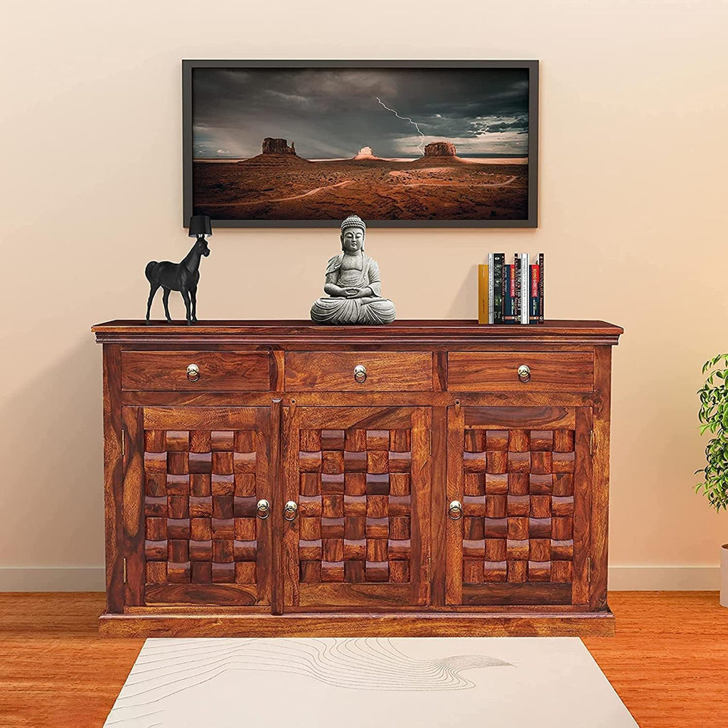 Solid Sheesham Wood Sideboard Cabinet with 3 Drawers & 3 Door Storage