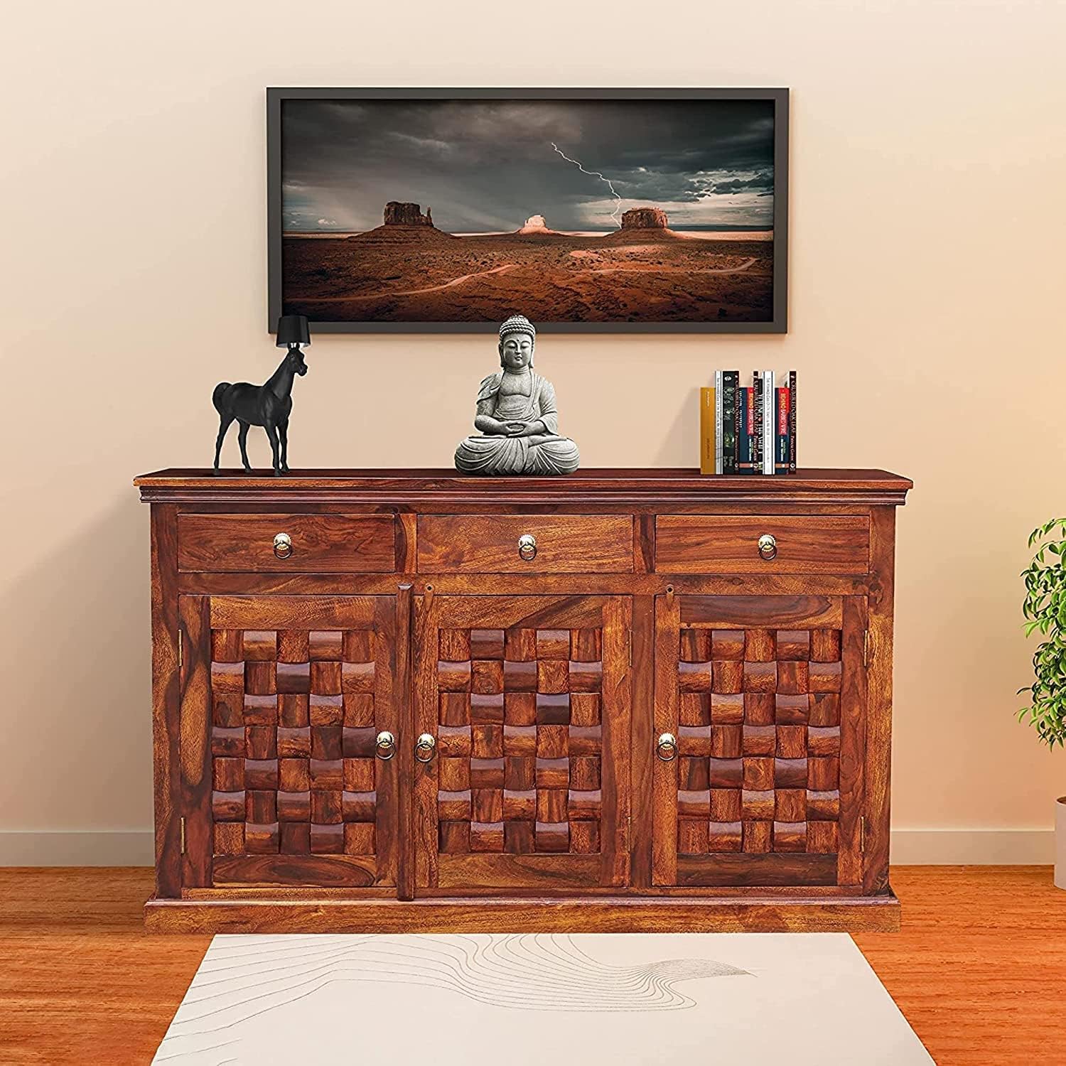 Solid Sheesham Wood Sideboard Cabinet with 3 Drawers & 3 Door Storage