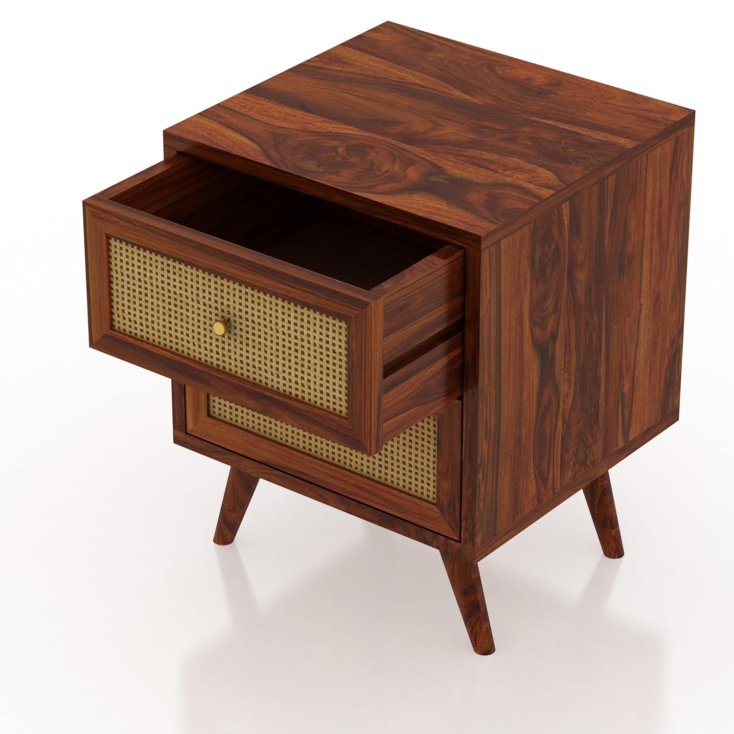 Solid Sheesham Wood Bedside Table with 2 Drawers | Cane Design