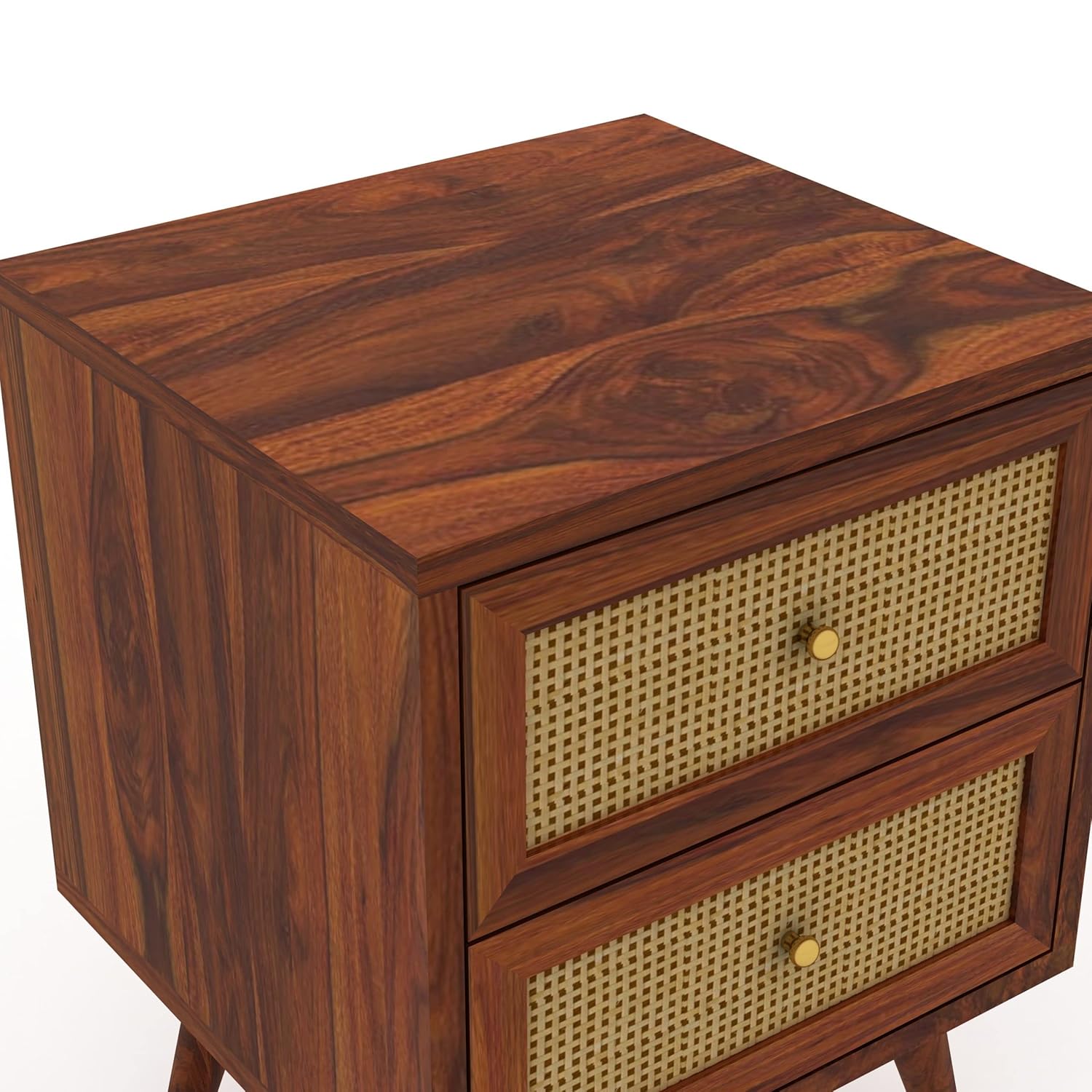 Solid Sheesham Wood Bedside Table with 2 Drawers | Cane Design