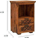 Solid Sheesham Wood Bedside Table with 2 Carved Drawers & Open Shelf