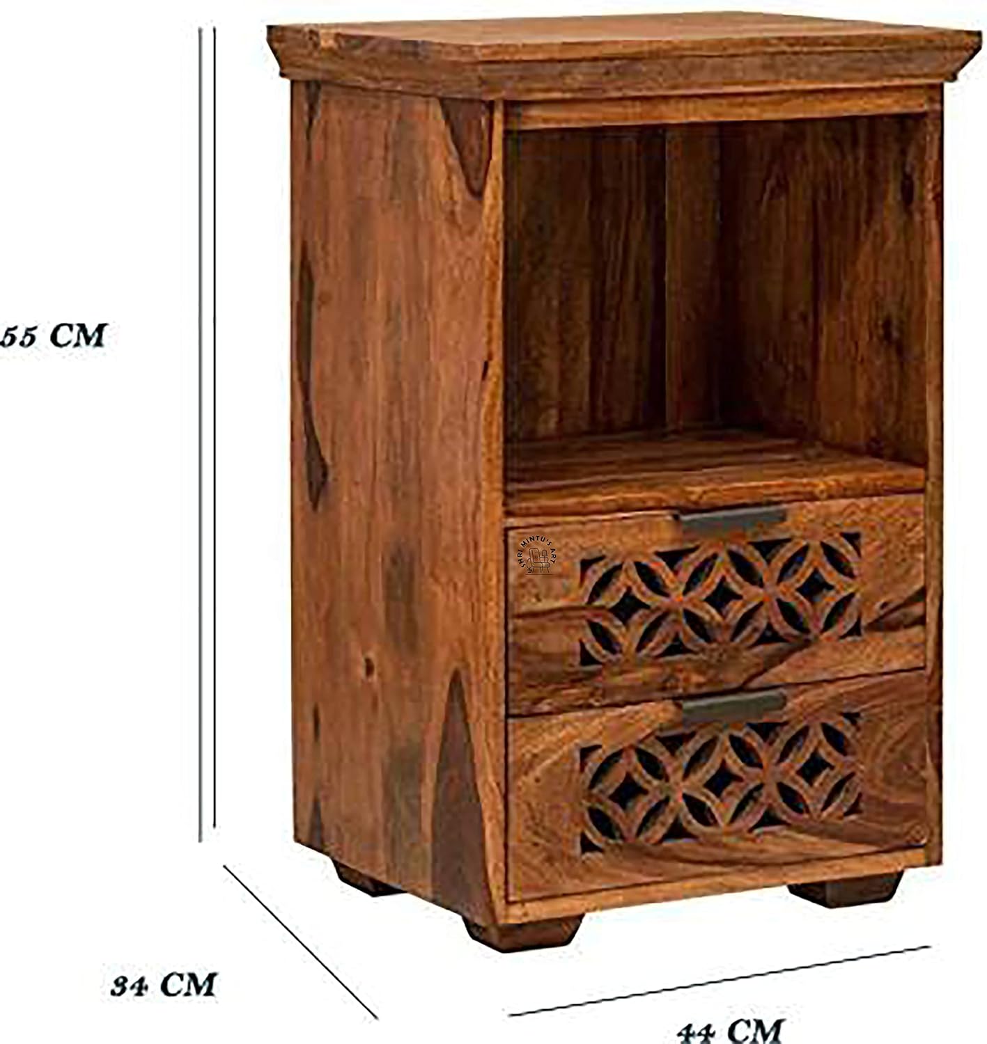 Solid Sheesham Wood Bedside Table with 2 Carved Drawers & Open Shelf