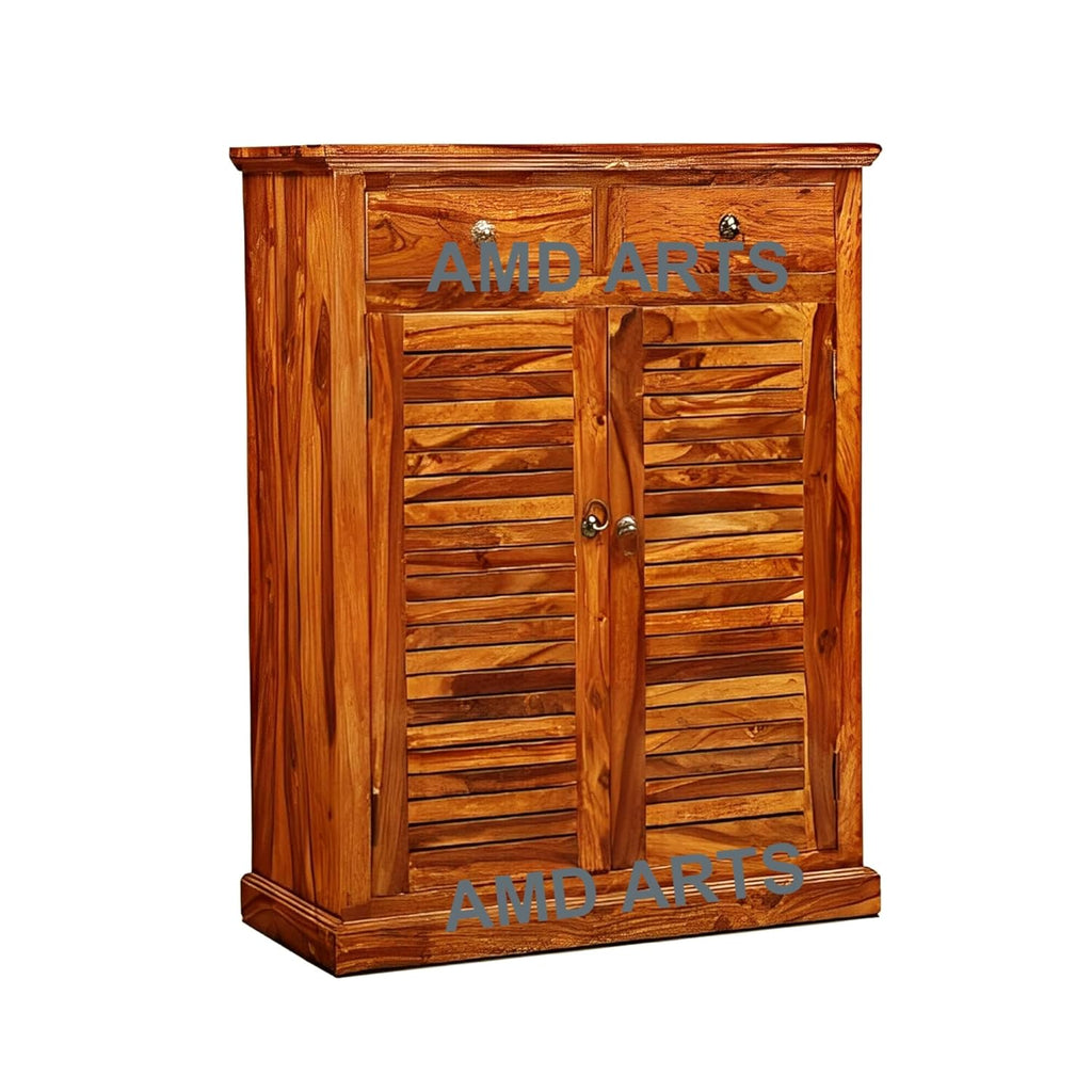 Solid Sheesham Wood Shoe Rack Cabinet with Drawer