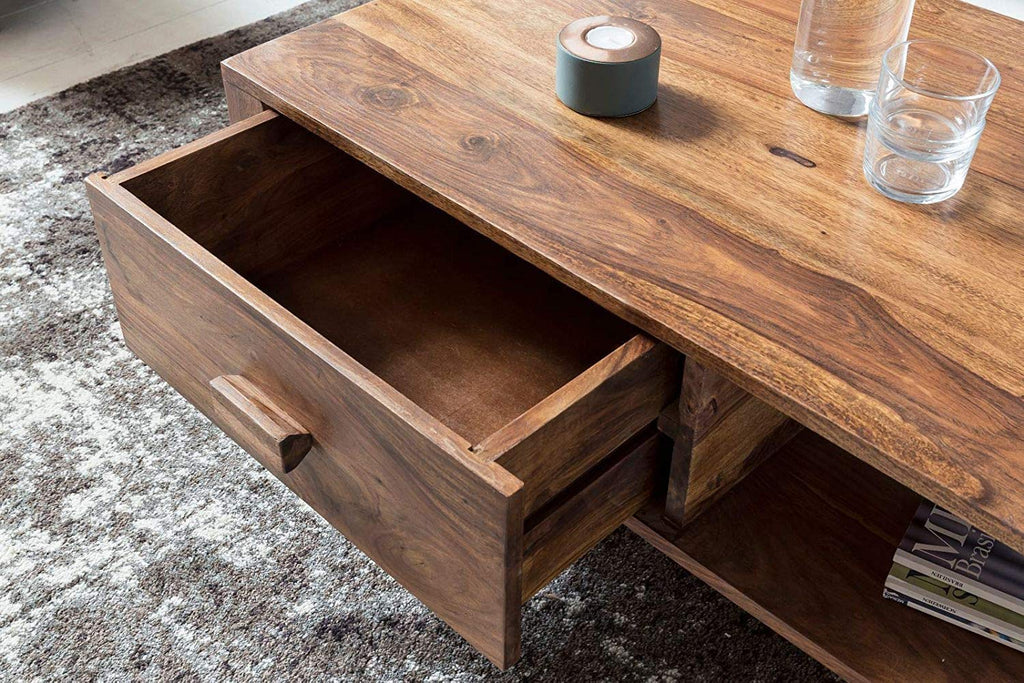 Sheesham Wood Coffee Table with Drawer & Open Shelf