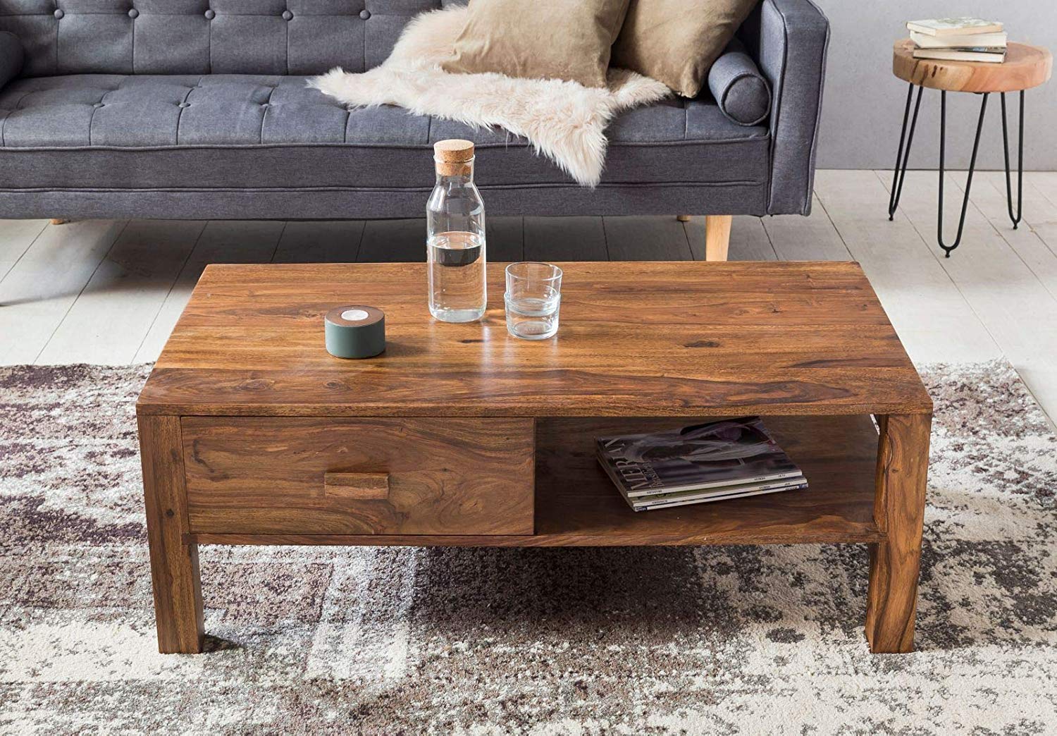 Sheesham Wood Coffee Table with Drawer & Open Shelf