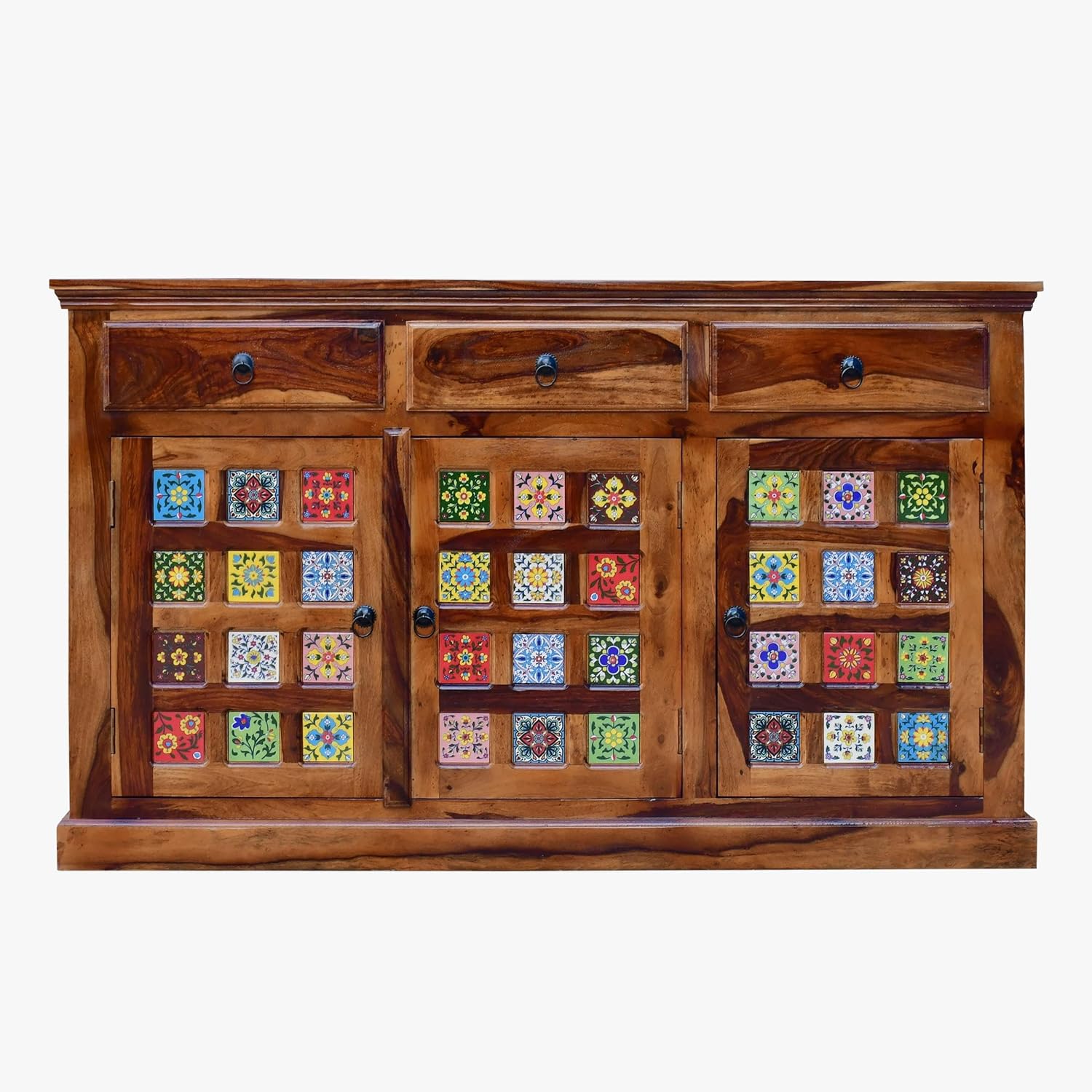 Solid Sheesham Wood Sideboard Cabinet with Handcrafted Tile Design