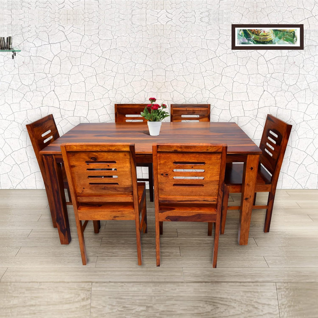 Modern Solid Wood 6 Seater Dining Table Set with Slatted Back Chairs