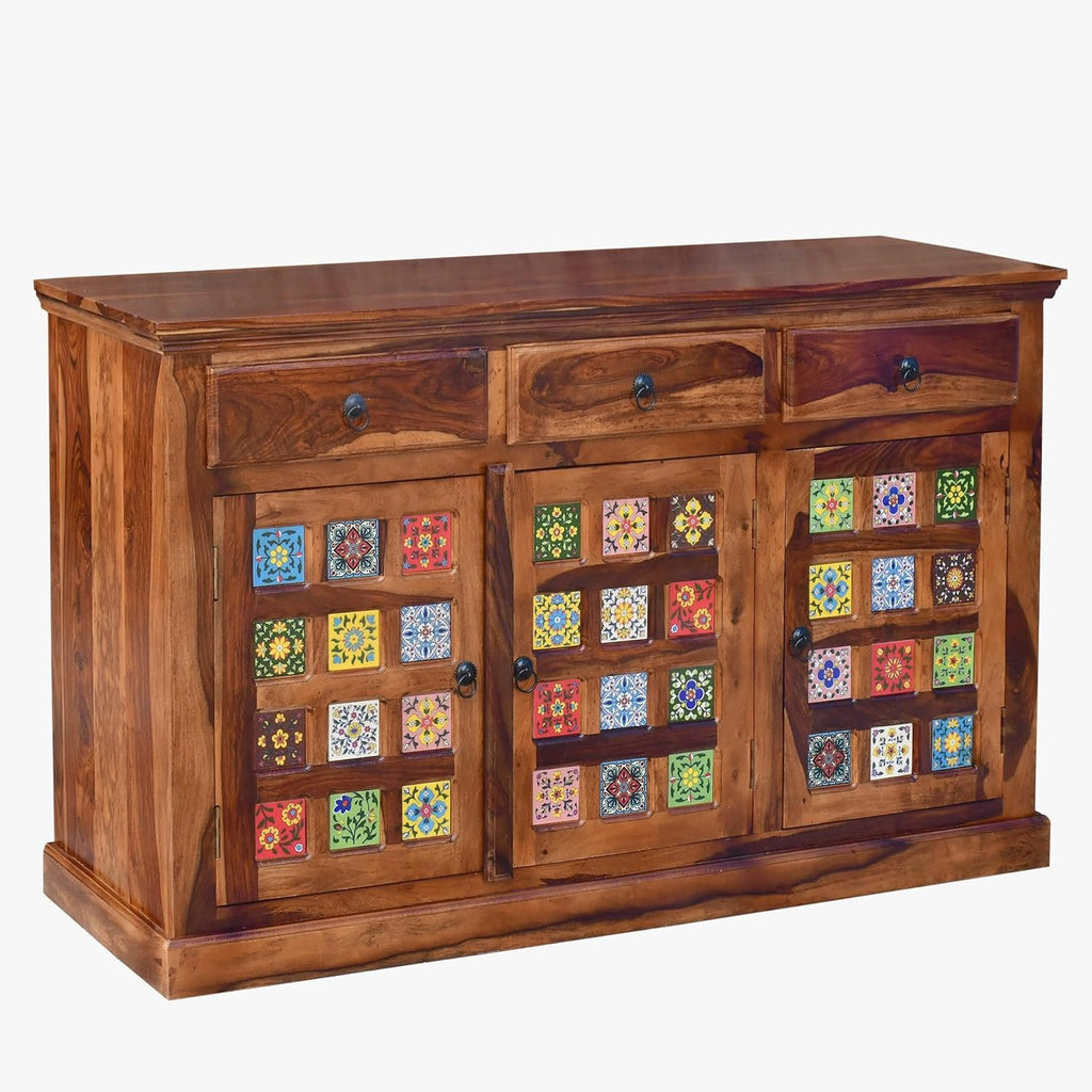 Solid Sheesham Wood Sideboard Cabinet with Handcrafted Tile Design