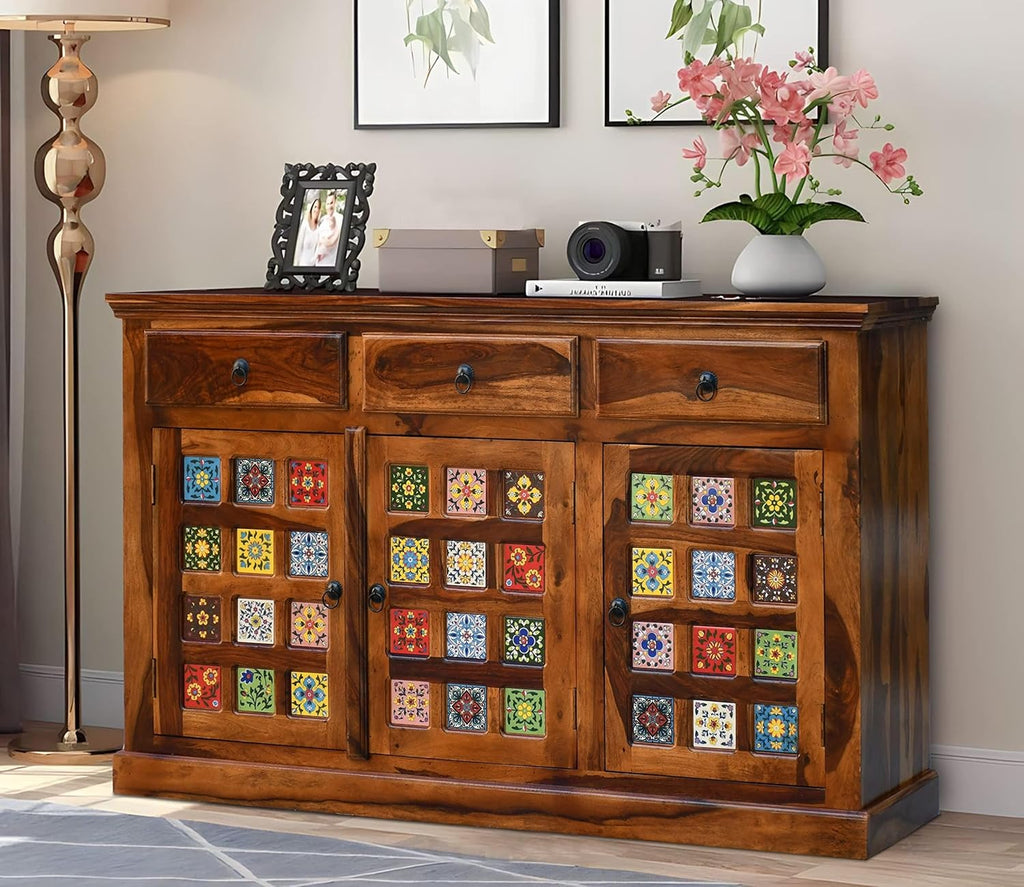 Solid Sheesham Wood Sideboard Cabinet with Handcrafted Tile Design