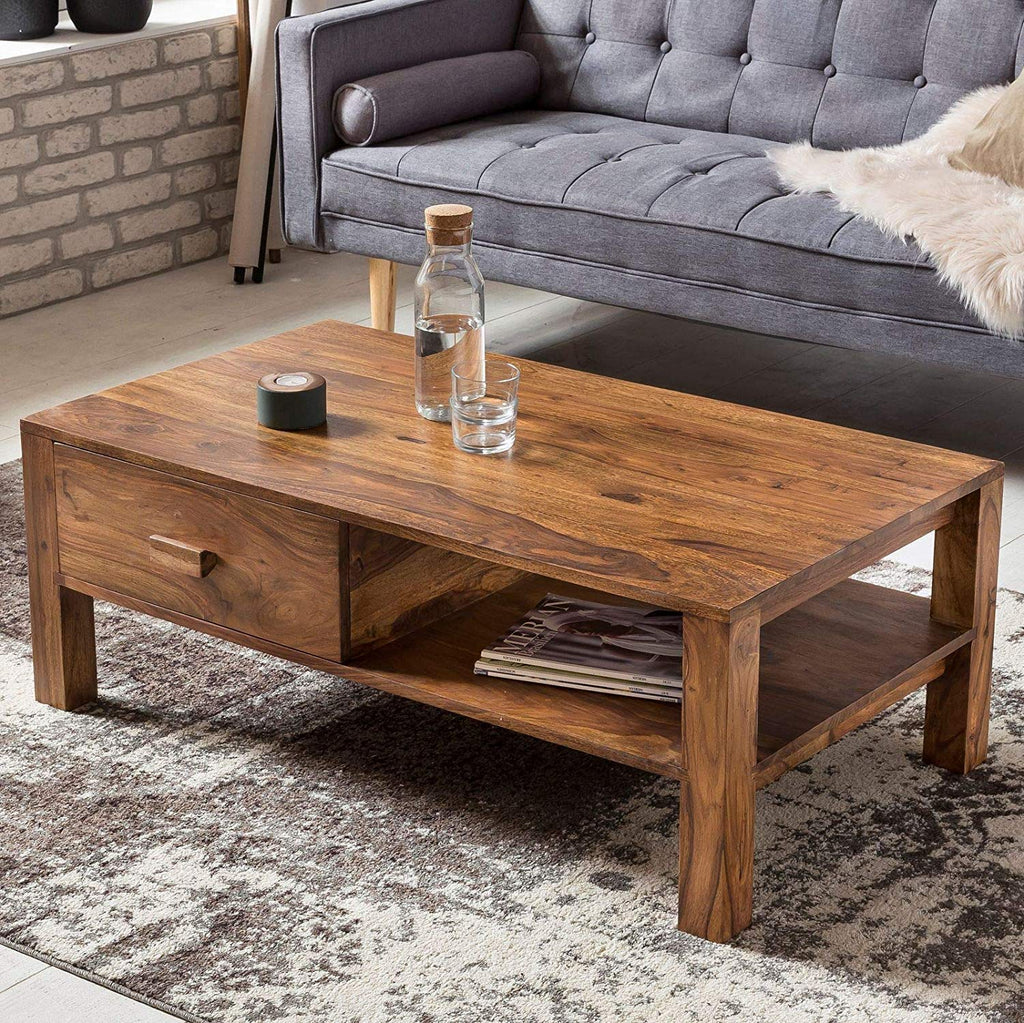 Sheesham Wood Coffee Table with Drawer & Open Shelf