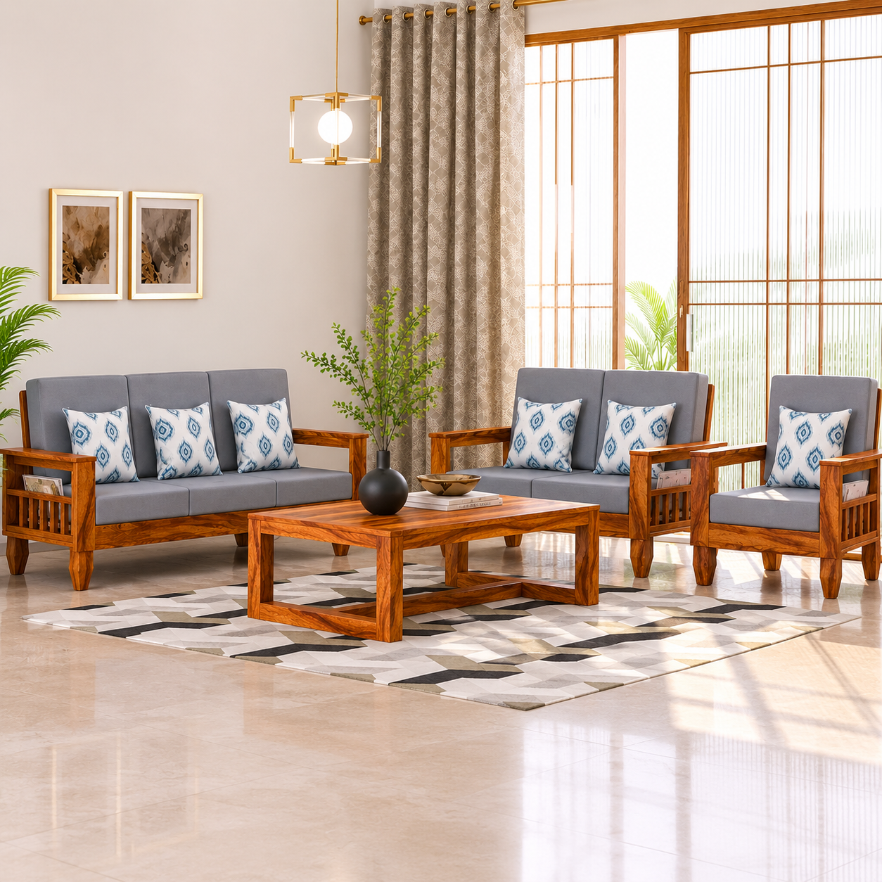 Solid Sheesham Wood Sofa Set (3+2+1 Seater)